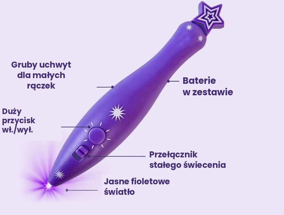 Rysik ze światłem LumiMisie z polskimi opisami: gruby uchwyt dla małych rączek, baterie w zestawie, duży przycisk wł./wył., przełącznik stałego świecenia, jasne fioletowe światło